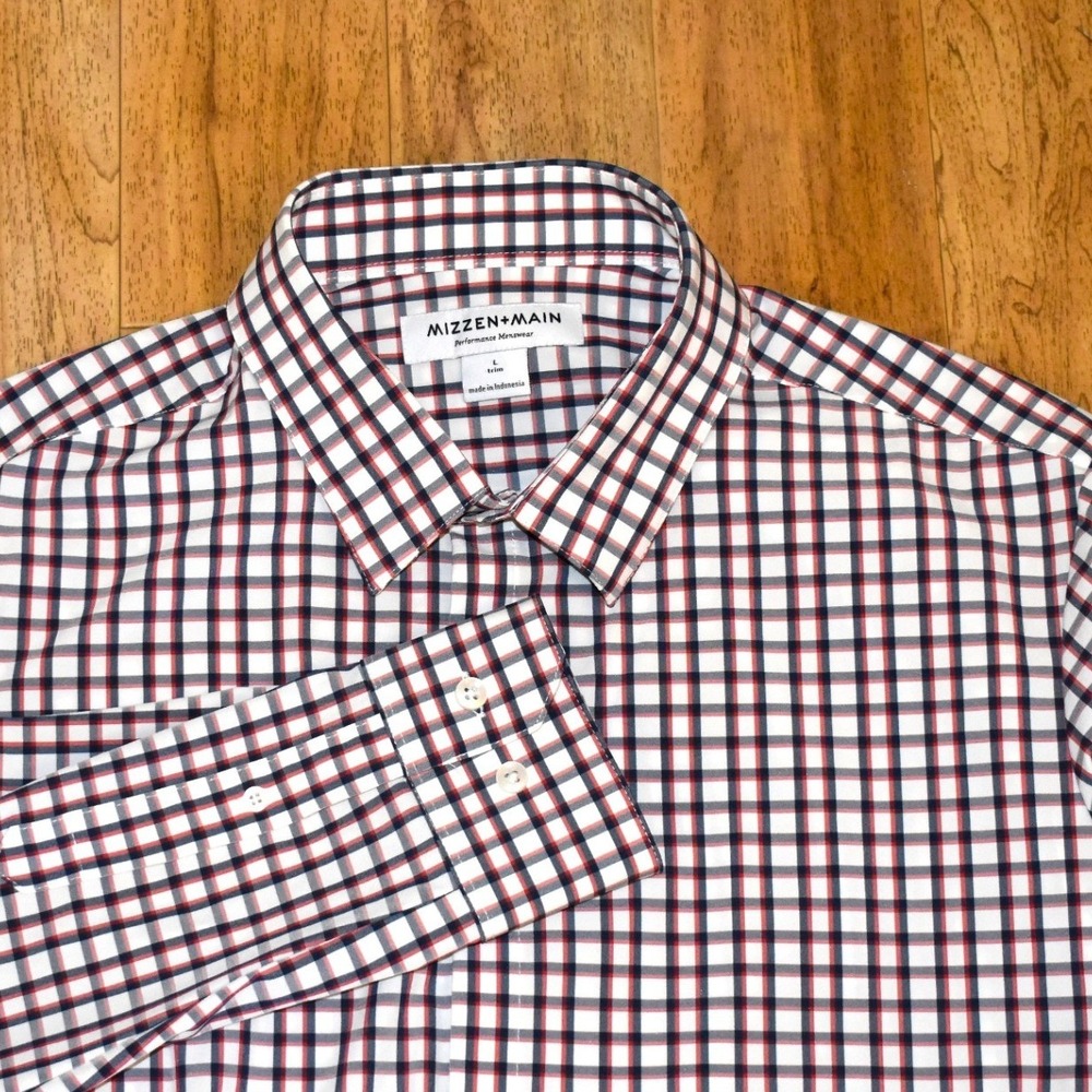 Mizzen+Main Dress Shirt Mens L White Red Blue Trim Fit Excellent Performance